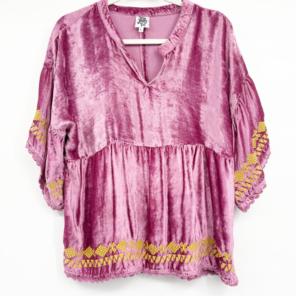 Ivy Jane Womens Purple Velvet Embroidered Boho Flowy Babydoll Blouse Top Size L